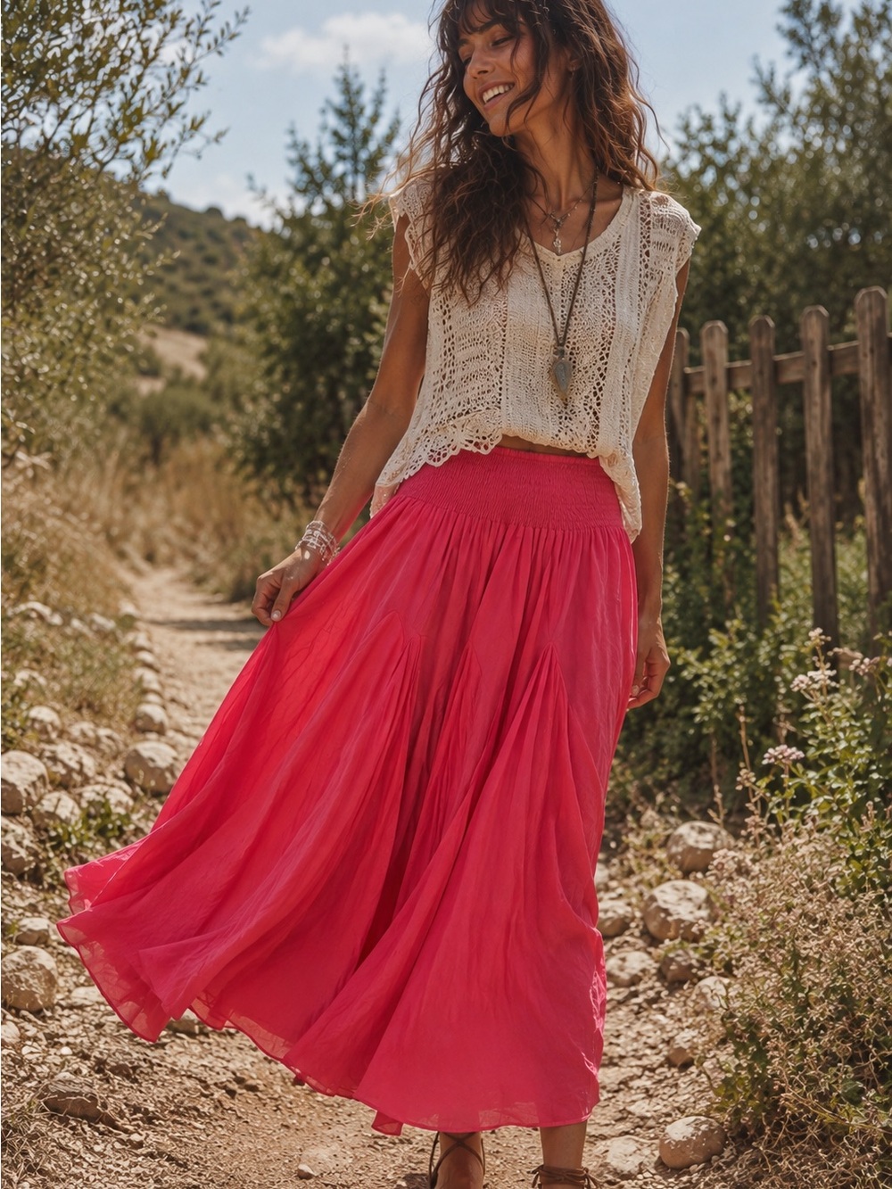 Boho Coral Pink Crinkle Cotton Maxi Skirt One Size